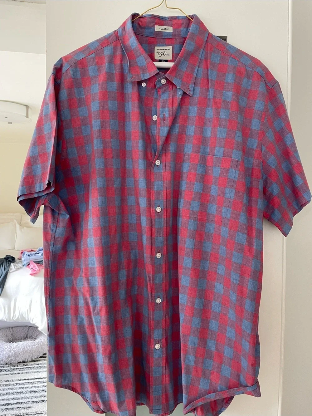 J. Crew Red and Blue Short-Sleeve Check Button-Down Shirt